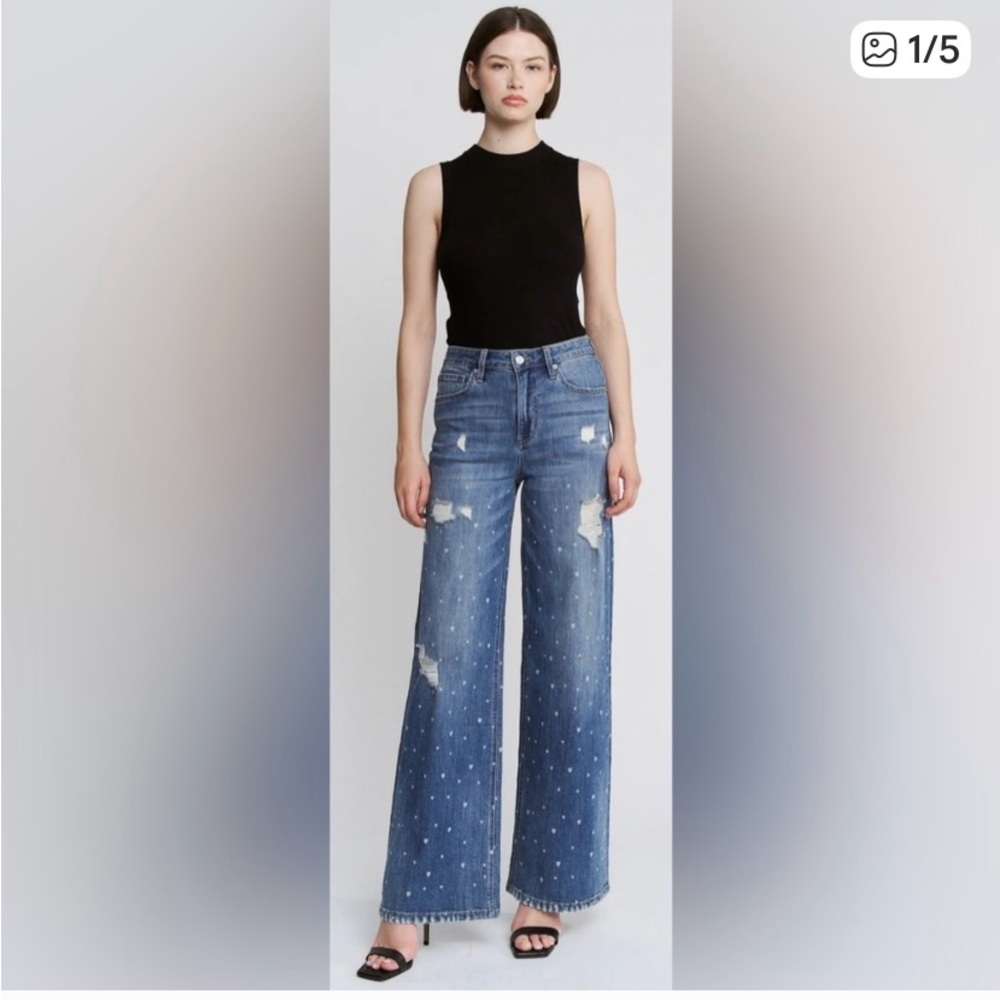 Mica HIGH RISE WIDE LEG HEART PRINT Distressed Jean